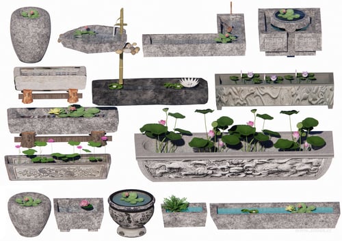 Traditional Chinese Stone Water Feature Lotus Pond Set 3D model