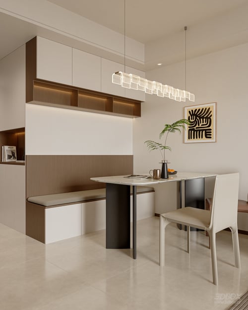 Modern Minimalist Dining Room with Marble Table and Built-in Bench 3D model