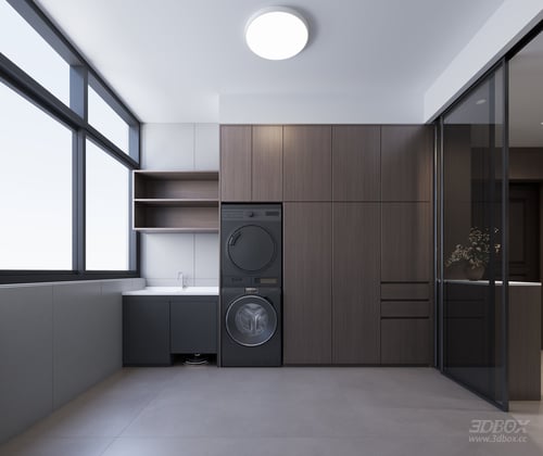 Modern Minimalist Laundry Room Interior with Wooden Cabinets 3D model