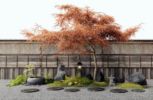 Japanese Zen Garden Landscape Set Red Maple Stone Lantern 3D model