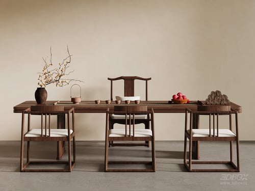 New Chinese Style Wooden Dining Table and Chairs Set 3D model