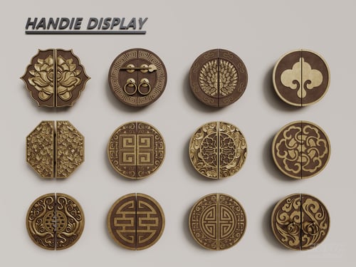 New Chinese Style Carved Brass Door Handle Set 3D model