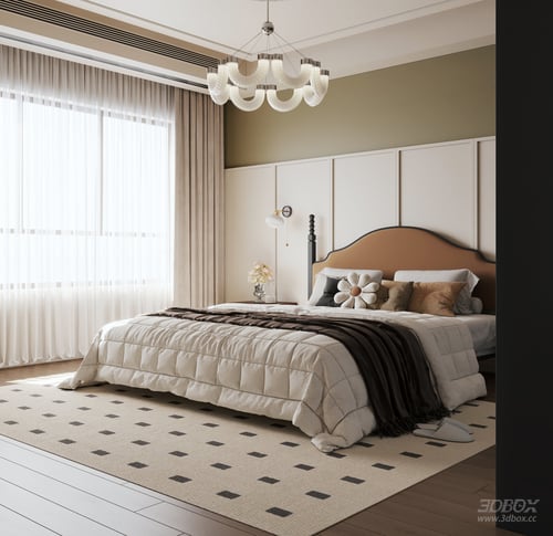 French Vintage Master Bedroom with Bay Window and Double Bed 3D model