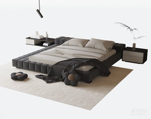 Modern Upholstered Double Bed with Nightstands and Decor 3D model