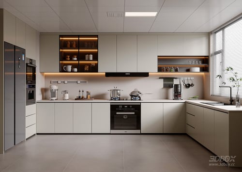 Modern Cream Style U-Shaped Minimalist Kitchen Scene 3D model