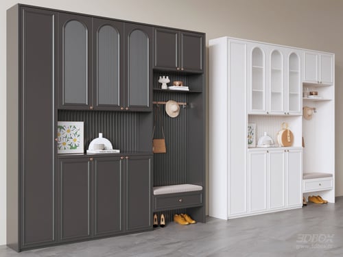 French Cream Style Hallway Shoe Cabinet with Shoe Bench 3D model
