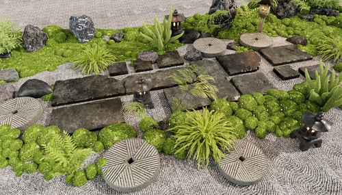 Japanese Zen Garden Landscape with Stepping Stones and Moss Plants 3D model