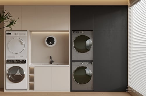 Modern Built-in Laundry Cabinet with Washing Machines 3D model