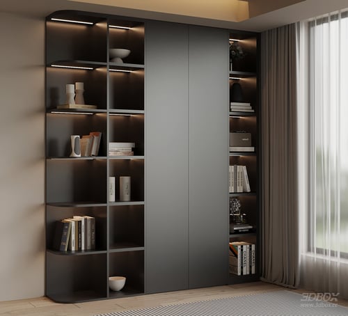Modern Dark Gray Display Bookshelf with LED Lighting 3D model