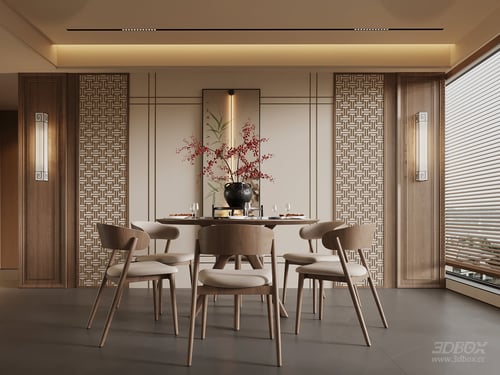New Chinese Style Dining Room with Wooden Round Table and Chairs 3D model