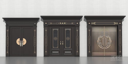 New Chinese Style Luxury Double Entry Door Set 3D model