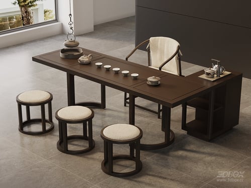 New Chinese Style Solid Wood Tea Table Set with Chairs 3D model