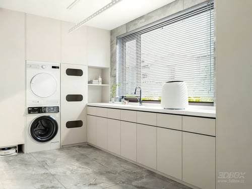 Modern minimalist laundry room interior with smart home appliances 3D model