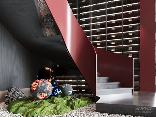 Industrial Style Staircase Hallway With Wine Cabinet And Moss Decor 3D model