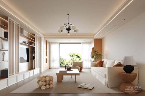 Modern Wooden Style Minimalist Living Room Interior Scene 3D model