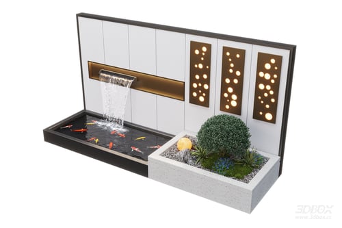 Modern Courtyard Water Wall Fountain Koi Pond Landscape 3D model