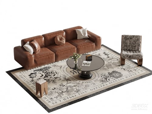 French Vintage Leather Sofa Set with Coffee Table and Armchair 3D model