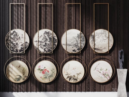 Chinese Style Circular Metal Frame Decorative Wall Art Set 3D model