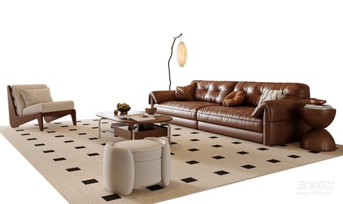 French Mid-Century Leather Sofa and Coffee Table Furniture Set 3D model