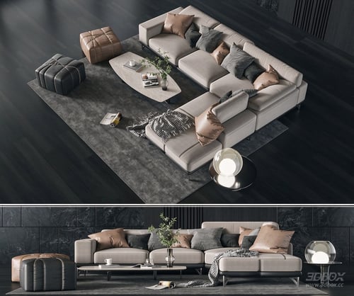 Modern Luxury L-shaped Sofa Set with Coffee Table and Ottomans 3D model