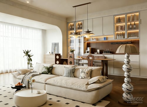 Cream Style Modern Living and Dining Room Interior Scene 3D model