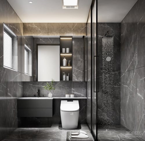 Modern Minimalist Dark Marble Bathroom with Smart Toilet and Shower 3D model