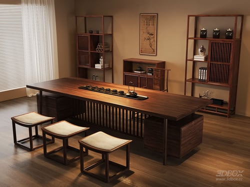 New Chinese Style Tea Room Scene with Tea Table and Display Shelves 3D model
