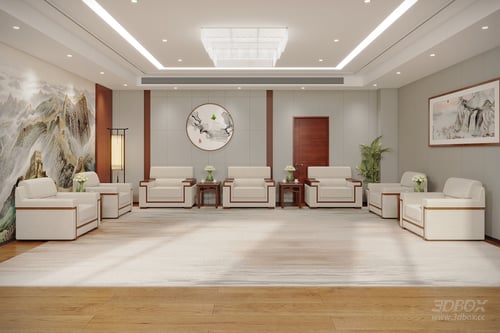 Modern Chinese Style Reception Lounge Interior Scene 3D model