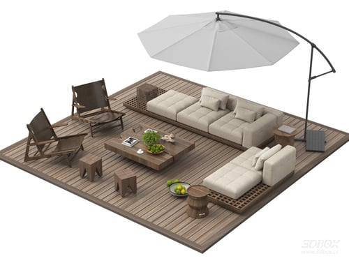 Wabi Sabi Outdoor Patio Sofa Furniture Set with Sun Umbrella 3D model