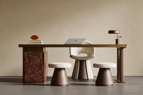 Mid-Century Vintage Desk and Upholstered Chair Set 3D model