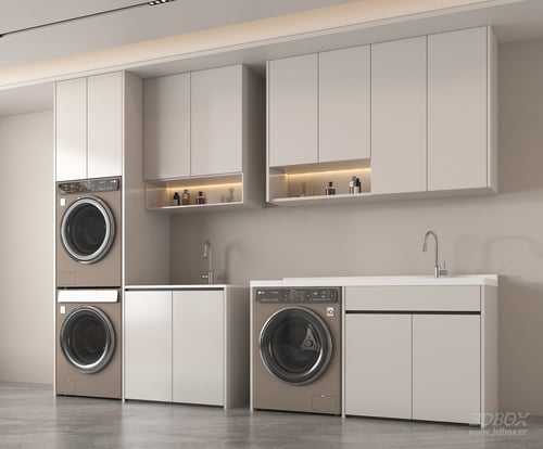 Modern Minimalist Laundry Cabinet Scene with Washing Machines 3D model