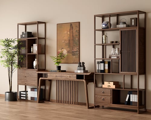 New Chinese Style Walnut Wood Display Shelf Console Table Set 3D model