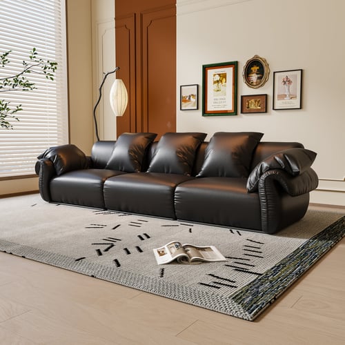 French Style 3-seater Black Leather Sofa 3D model