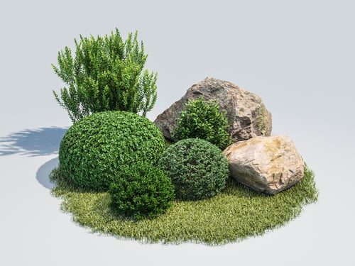 Garden Landscape Set Topiary Bushes Rocks Grass 3D model