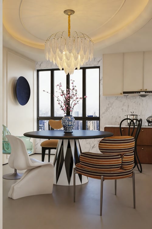 French Luxury Open Kitchen Dining Room with Round Table 3D model