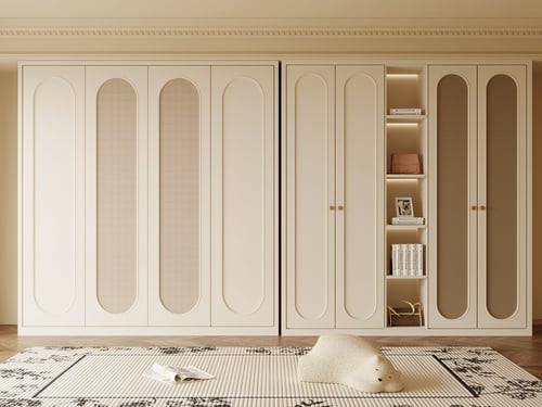 French Style Cream White Rattan Panel Wardrobe 3D model
