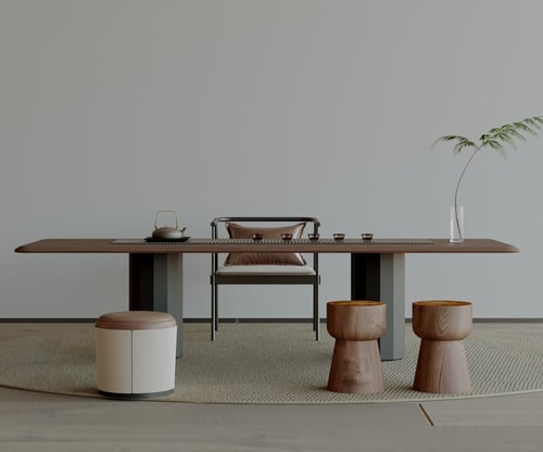 Modern Minimalist Tea Room Set with Wooden Table and Seats 3D model