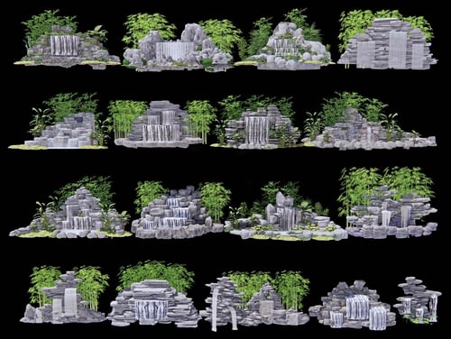 Chinese Style Rockery Waterfall Landscape Set 3D model