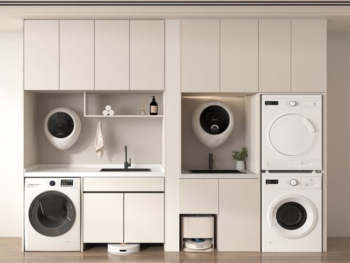 Modern Cream Style Laundry Cabinet with Washing Machines and Dryers 3D model