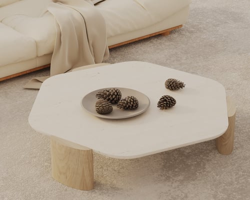 Modern Minimalist Travertine Top Wooden Leg Coffee Table 3D model