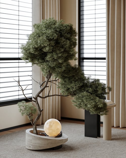 Vintage Bonsai Pine Potted Plant with Moon Lamp 3D model