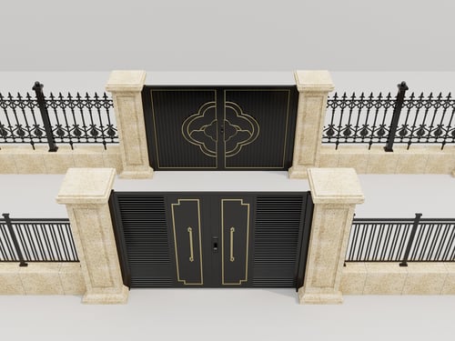 Luxury Villa Courtyard Gate with Wrought Iron Fence and Stone Pillars 3D model