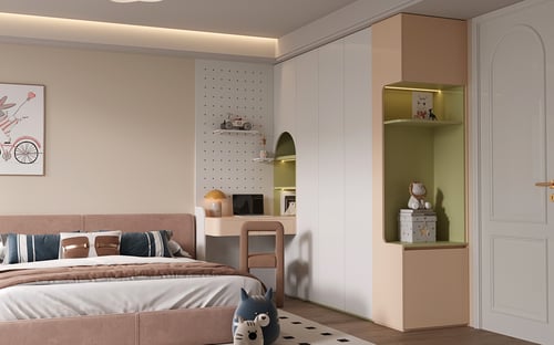 Modern Pastel Kids Bedroom with Wardrobe and Study Desk 3D model