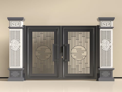 New Chinese Style Courtyard Double Door with Stone Pillars 3D model