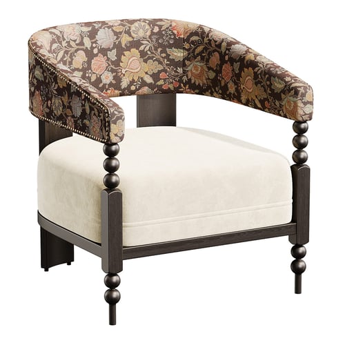 Vintage Floral Fabric Single Armchair with Wooden Frame 3D model