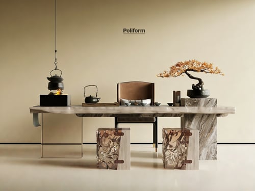 Modern Marble Tea Table Set with Tea Utensils and Bonsai 3D model