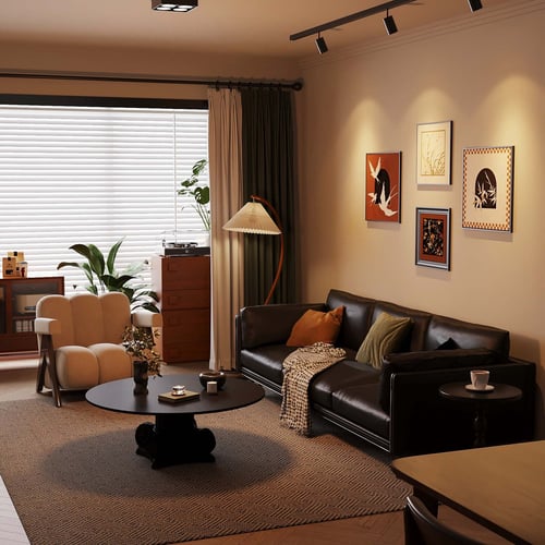 French Vintage Mid-century Modern Living Room with Leather Sofa 3D model