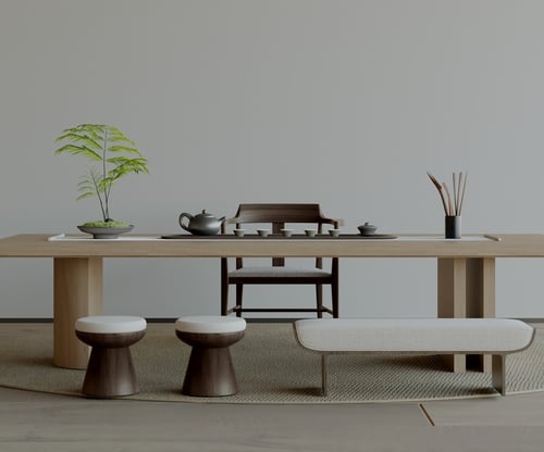 Modern Minimalist Tea Room Scene with Wooden Tea Table 3D model