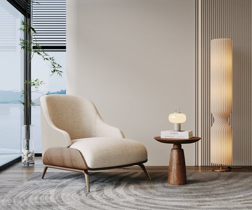 Modern Boucle Fabric Single Lounge Armchair with Wooden Base 3D model
