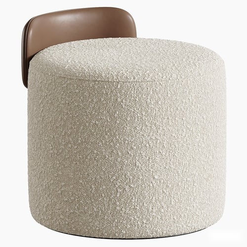 Modern Round Boucle Pouf with Leather Backrest 3D model